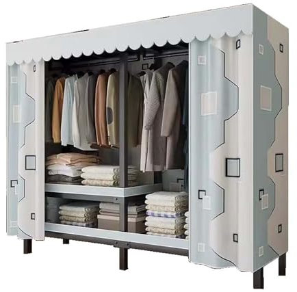 HUHJYUGE Faltbarer Stoffschrank mit Staubabdeckung, Faltschrank mit Kleiderstange Stabil, Tragbarer Kleiderschrank mit Aufhängestange, Texil Steckschrank, für Bücher, Wohnzimmer