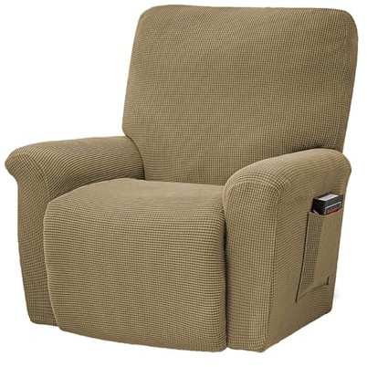 Chickwin Sesselschoner für Relaxsessel 1 Sitzer, Karierter Jacquard Fernsehsessel Bezug mit Taschen Elastisch Sesselschoner für Fernsehsessel Sesselschoner mit Armlehne (Hellbraun)