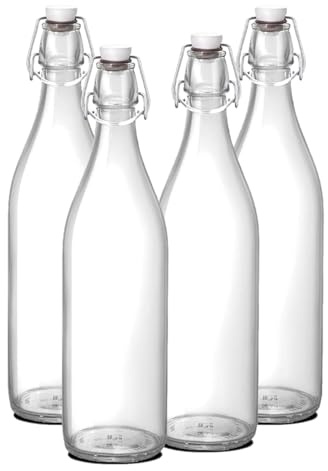 JUANIO Set de 4 Botellas de Cristal con Tapón Hermético, Botella con Cierre de Clip de Agua, Licor, Zumo, capacidad 1 L - Diámetro 8.5 x Altura 32 cm