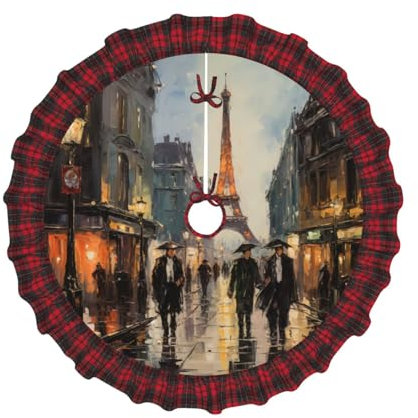 Ölgemälde Paris Straßenszene Eiffelturm Druck Gesteppte Weihnachtsbaumröcke, festliche Dekorationen, anpassbar, Polyester-Weihnachtsbaumrock