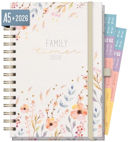 Häfft® Family-Timer Deluxe 2026 A5+ Sweet Flowers Hardcover Familien-Kalender für 4 Personen, Familien-Planer 12 Monate: Jan bis Dez 26 - nachhaltig & klimafreundlich
