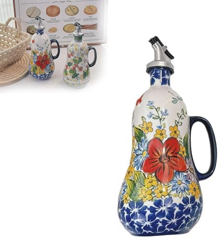 Ceramic Oil or Vinegar Bottle Dispenser,Ceramic Olive Oil Dispenser Bottle 23oz,Hand Painted Olive Oil Bottles for Kitchen, Decorative Stoneware Olive Oil Cruet with Stainless Steel Spout (Red)