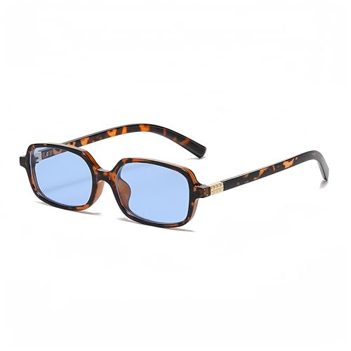WDZAYXC Klassische Rechteckige Sonnenbrille Retro Schlanke Gläser Vintage Rechteck Sonnenbrille(Leopard/Blau)