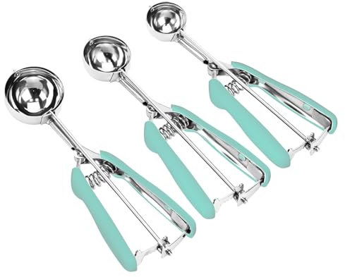 Cookie Scoop Set, 3Pcs Ice Cream Scoop, Cookie Scoops for Baking Set of 3, 18/8 Stainless Steel Cookie Scooper for Baking, Ice Cream Scooper with Trigger Release, Mint Soft Grip Cookie Dough Scoop