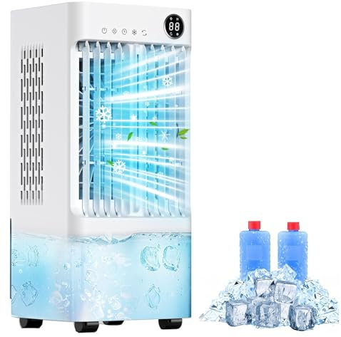 Air Cooler, 5L Portable Air Conditioner with 2 Ice Packs, 3 IN 1 air conditioning unit portable with Remote and Front Display, 3 Speeds & Cooling Mode,(0-24H) Timer for Bedroom, Home, Office