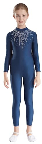 FEESHOW Mädchen Turnanzug Ganzkörper Langarm Glitzer Gymnastik Ballett Body Mit Strass Kinder Jumpsuit Einteilige Tanzkleidung