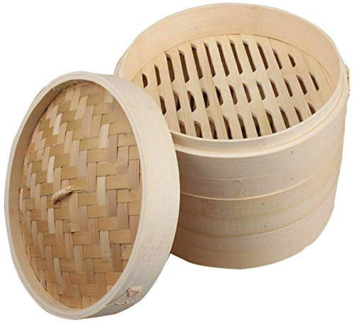 Panier à vapeur en bambou à 3 niveaux Cuiseur vapeur en bois bio chinois avec couvercle, pour boulettes légumes poisson crise, 30 cm-24 cm