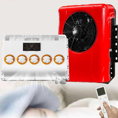 Ensemble De Climatiseur éLectrique Pour Camion, Unité De Climatisation Pour Camping-Car Vitesse Du Vent à 5 Vitesses Climatisation De Stationnement à Refroidissement Rapide Avec TéLéCommande,Red-24V
