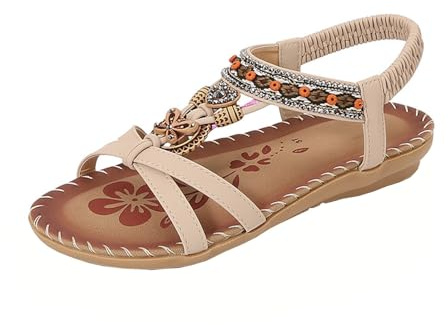 luoluoluo Women Bohemian Beaded Sandals Sale Clearance Low Wedge Heel Sandal Ladies Summer Rhinestones Sliders Elastic T-Strap Boho Shoes Athletic Soft Cushion Walking Slippers Comfortable Flip Flops