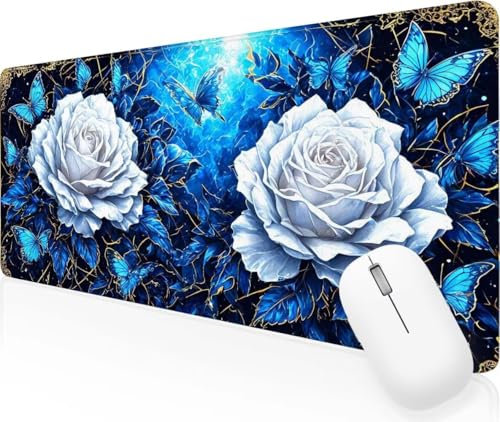 Fleur Rose Tapis de Souris XXL 800x300x3mm Grand Tapis de Souris Accessoire Bureau, Surface Douce et Lisse et Base en Caoutchouc Antidérapante, Améliorer la Précision et la Rapidité, pour Gamer J-249