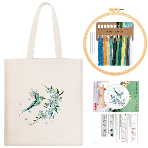 JSRQT Kit de Bordado para Bolso de Lona Beige para Principiantes, Kit de Inicio de Punto de Cruz Estampado Floral de Colibrí para Adultos, Bordado Lona Hecha a Mano con Herramientas, Aguja e Hilo