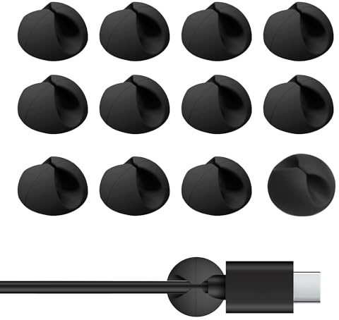 12PCS Self-Adhesive Cable Tidy Clips, Universal Cord Organizer, Black | Adhesive Cable Clips, Cable Holder Clips for Desk, Power Cable, USB Cable, Headphone Cable, TV Cable, PC/Laptop Cable