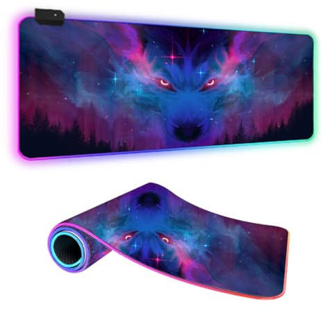 FANSU Tapis de Souris Gaming RGB XXL, Ciel étoilé Impression Antidérapante Grand sous Main Bureau pour Clavier et Souris, Mouse Pad pour PC Gamer, Effets d'éclairage LED (Loup,900x400x4mm)