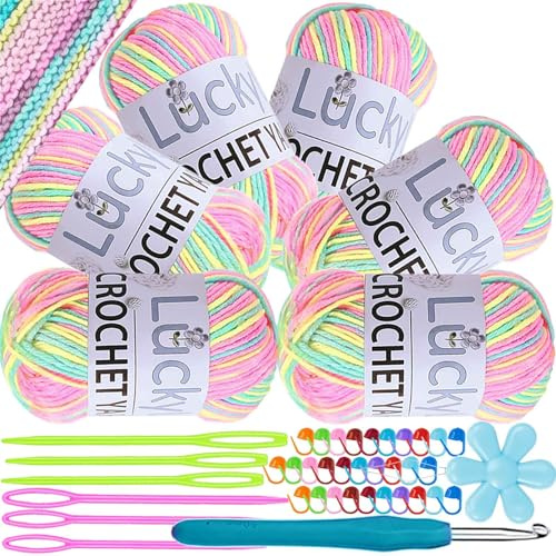 Stickgarn, 300 g (6 x 50 g), flerfärgad gradient, färgglad akrylstickningsgarn för virkade strumpor, halsdukar, vantar, tröjor och handarbete för barn (02-rosa-grön-gul)