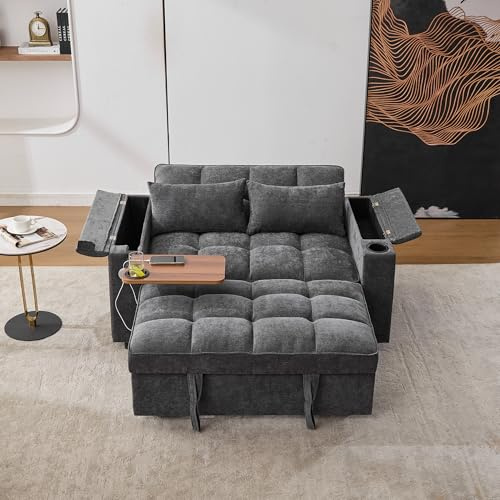 A ALFRESCOOL Schlafsofa 3-in-1, Sofa mit Schlaffunktion, Cloud-Sofa, Boneless Couch mit Verstellbarer Rückenlehne, USB-Anschluss, Auszug, Ausgestattet mit Verstecktem Tisch, Getränkehalter (Grau)