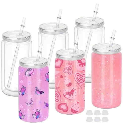 Muuookka Bouteilles d'eau en Plastique Isolées à Double Paroi 6PCS 16 Oz avec Pailles et Couvercles, Tasses DIY pour Boules de Neige avec Trous Pré-Percés A