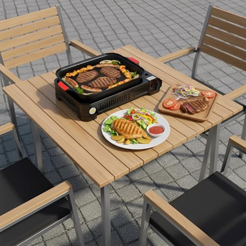PUDLOR 2100W Camping Gasgrill, Camping Gaskocher Mit Grillpfanne Tragbarer Campingkocher Outdoor Tischgrill BBQ Cooker Eingebauter Hitzeschild Piezo-Zündsystem Deckel Aus Gehärtetem Glas
