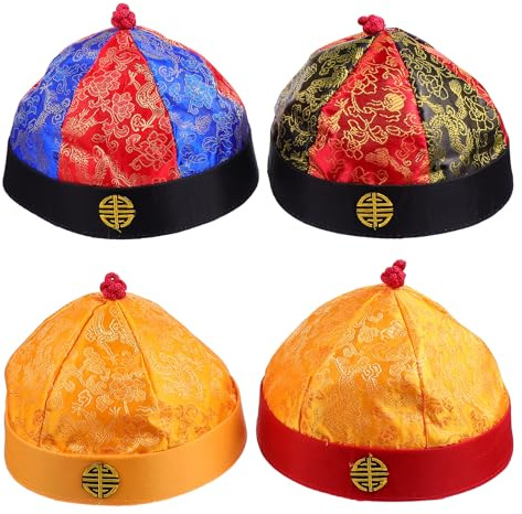 Homoyoyo Lot de 4 Chapeaux Vintage pour Déguisement – Chapeaux en Tissu Style Chinois Ancien avec Tresses – Taille 7 pour 7-15 Ans – Accessoires Cosplay pour Fêtes, Spectacles et Jeux