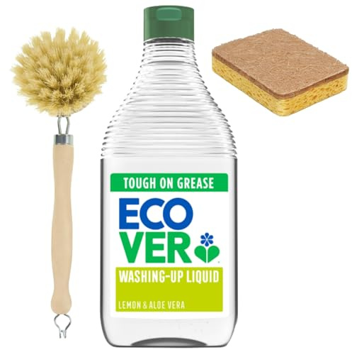 Ecover Washing-Up Liquid Bundle - Lemon & Aloe Vera - Brush & Sponge