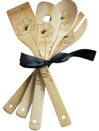 Set de 4 Cuillères en bois bambou Personnalisées – Gravées – Motif Fleurs (Coquelicot, Rose, Pivoine) – Cadeau Maman/Mamie/Prénom personnalisé (Maman Coquelicot)