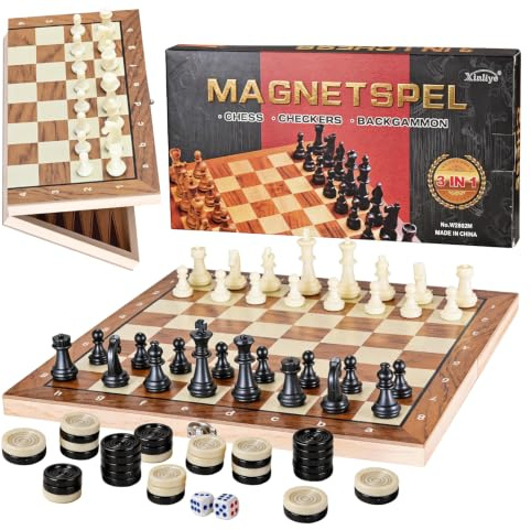 Kezidhp Jeu d'Échecs en Bois - Coffret 3-en-1 avec échiquier Pliable, Plateau Portable pour soirées en Famille et Voyages, 29 x 29 cm