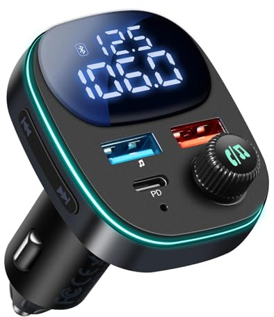 Hoppac Bluetooth 5.3 FM Transmitter, PD 30W and QC 3.0 Car Adapter | Hands-free calls, dual-device fast charging, LED voltage display, 7-colour light and USB music playback for car radios