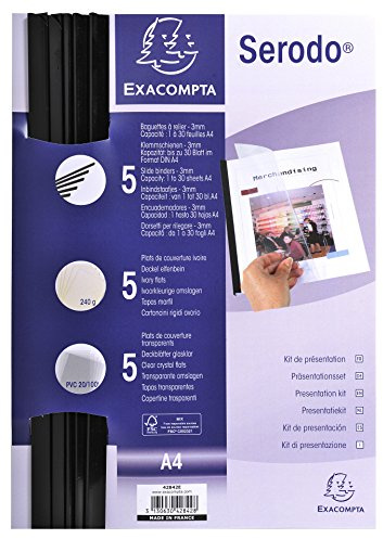 Exacompta 428432 - Set di presentazioni Serodo DIN A4: 5 guide nere da 3 mm, 5 coperchi avorio, 5 coperchi trasparenti in PVC 200, capacità fino a 30 fogli, ideale per candidature, cartelle, documenti