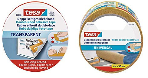 tesa doppelseitiges Klebeband, perfekt für Fotos und Papier, 10m x 15mm, in hochwertiger Metalldose & 56171-00003-01 Universal Doppelklebeband,10m x 50mm
