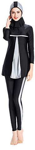 Lazzboy Frauen Muslimischen Badeanzug Mit Cap Printing Beachwear Bademode Muslimische Damen, Hijab-Schwimmanzug, Badeanzug, Sportkleidung(Grau,XS)