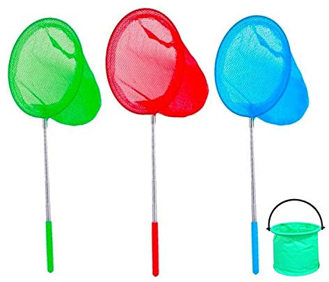 3 Pack Kids Telescopic Butterfly Net Fishing Net Pond Net Extendable (14.5 to 33.8 Inches)+1 Pack Folding Bucketfor Kids Catching Bugs Insect Small Fish Outdoor Beach Garden Activities