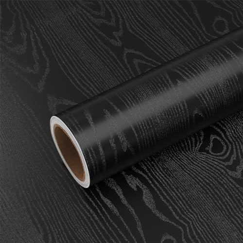 VEELIKE Klebefolie Holzoptik Schwarz Holz Muster Folie Tapete 40cm x 300cm Vintage Selbstklebende Möbelfolie Wasserdicht Wandtapete Dekofolie für Küche Möbel Schränke