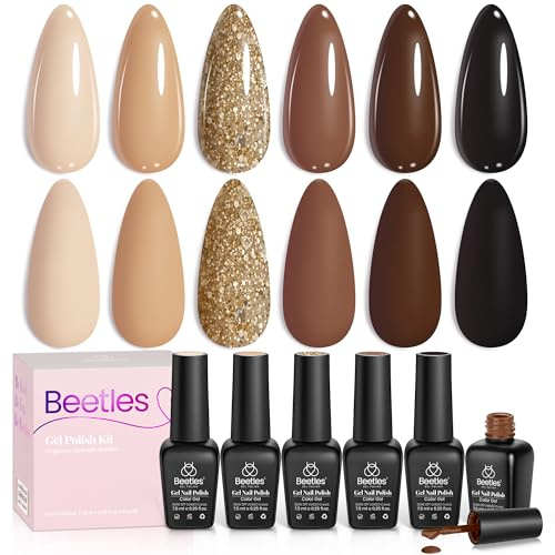 Beetles Gel-Nagellack-Set, 6 Farben Gel Polish Set Glitzer Gold Schokolade Braun Neutral Beige Khaki Herbst Nagelgel geröstete Kastanien Nagelkunst-Design Geschenk für Frauen