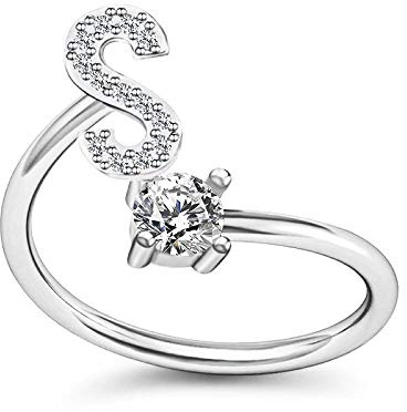 Bungsa BUCHSTABEN RING silber mit Kristallen - biegbarer Fingerring/Zehenring Toering für Damen, Kinder & Herren - A B C D E F G H I J K L M N O P R S T U V W Z