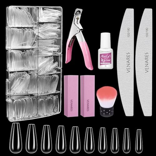 Nägel tips set, Venares 500 Stücke 10 Größen nagel künstliche nägel set tips set mit kleber Nagelkleber Feilen Nagelpuffer Block Nagelbürste Nagelknipser, durchsichtige tips nägel set für gelnägel