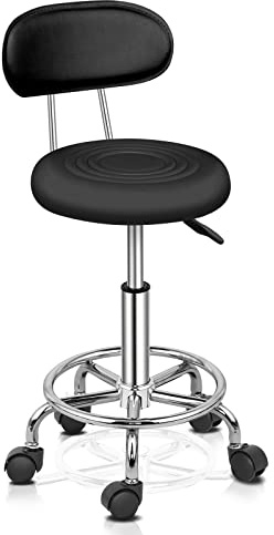 Bonnlo Tabouret roulettes Professionnel avec Dossier, Tabouret de Bureau Rotation à 360° et Hauteur Réglable, Revêtement en PU, pour Salon de Massage, Manucure et Bureau (Noir, Standard)