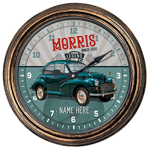 KRAFTYGIFTS Personalised Car Wall Clock Morris Minor 1000 Classic Round Hanging Glass Front Garage Clock Birthday Gift VCC31