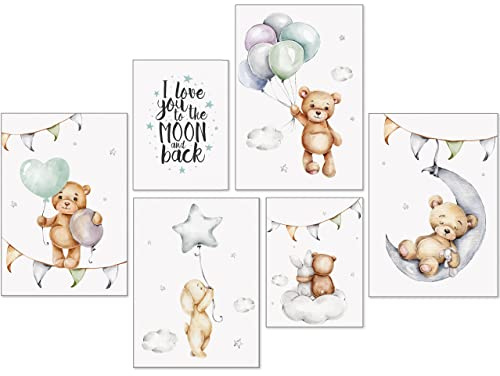 artpin® Affisch barnrum dekoration – bilder babyrum pojke flicka – grå mint ballong teddy A3 – P80