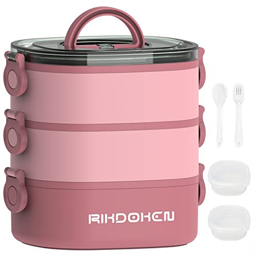 RIKDOKEN Bento Box Lunchbox, stapelbare 3-lagige Behälter, tragbare 2.6 l große Kapazität, auslaufsichere Bento-Box mit Löffel, mikrowellengeeignet, Lunchbox für Kinder und Erwachsene