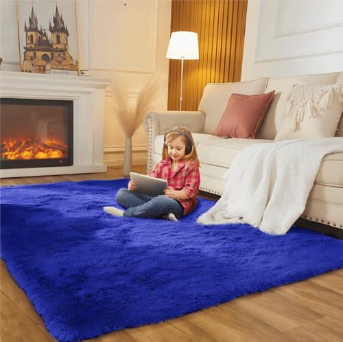 SUBEEN Hochflor Teppich Wohnzimmerteppich waschbar rutschfest extra groß Schlafzimmer Teppich moderner Stil geeignet für Schlafzimmer und Kinderzimmer (blau, 120x160cm)