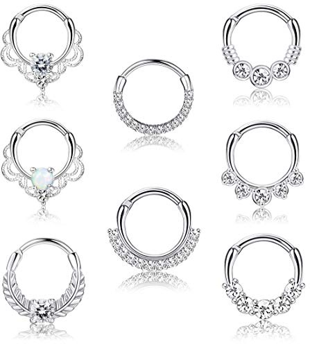Morfetto 8PCS 16G Septum Clicker Ring Stainless Steel CZ Opal Cartilage Helix Tragus Hoop Daith Earrings Nose Rings Hoop Hinged Segment Clicker Ring Piercing Jewelry Silver 10mm