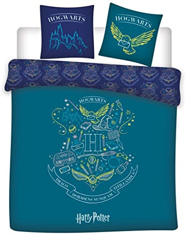 Harry Potter Hogwarts Doppelbettwäsche 240x220 + 2 Kissenbezüge Türkis | Wendebettwäsche wendbar | Ultra weicher Polyester | Wizarding World | Geschenk Erwachsene | Maschinenwaschbar