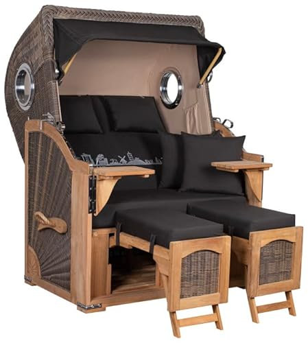 MR. DEKO® Strandkorb Düne Teak Bullauge | PE Geflecht Grey | Volllieger verstellbar | Fußablage | 2-Sitzer Strandkörbe aus Teakholz für Garten & Terrasse, fertig montiert (Dessin Skyline Ostfriesland)