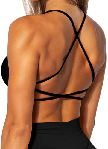 TZLDN Women Workout Backless Sports Bra Removable Padded Strappy Low Impact Support Open Back Gym Bras Yoga Crop Tank Top #5Classic-Black, XS