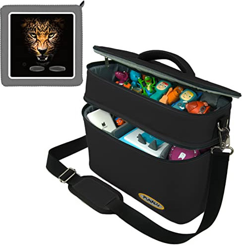 PUNALU große Tasche für Toniebox inkl. Schutzfolie passend für Toniebox, Platz für 68 Tonies, Set Toniebox Tasche + Toniebox Aufkleber (Leopard schwarz)
