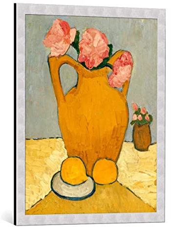 Kunst für Alle Image encadrée: Paula Modersohn-Becker Nature morte avec cruche en terre cuite Pivoines et oranges - impression d'art décorative, en cadre de haute qualité, 60x75 cm, Argent Brossé