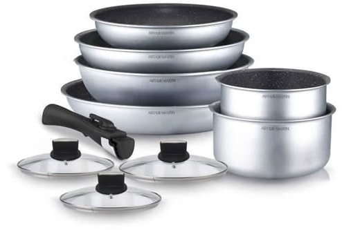 Arthur Martin AM167S 10-Piece Removable Cookware Set Aluminium Non-Stick Coating Removable Handle for All Heat Sources Including Induction