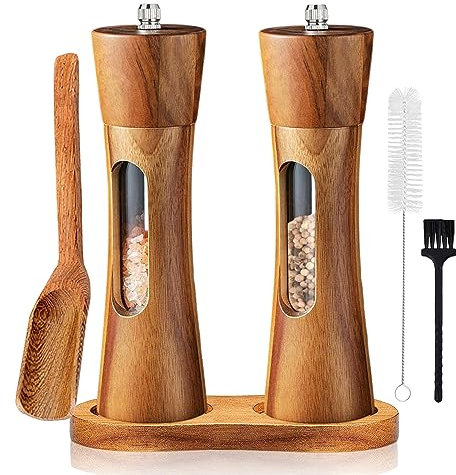 Auciej Salz und Pfeffermühle Holz Set Manuelle Pfeffermühle Keramikmahlwerk Gewürzmühle Salzmühle mit untersetzer Verstellbarem für Gewürze Pfeffer Salz 2er Set 20 cm