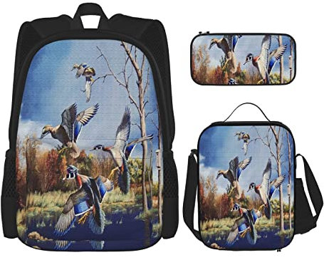 BAAROO 3-teiliges Set Rucksäcke Ente Jagd Buch Tasche Reise Camping Arbeit Schule Tasche Federmäppchen Mittagessen Tasche Kombination für Männer WOM, farbe, 5.0cm*10.5cm*20.5cm, federmäppchen