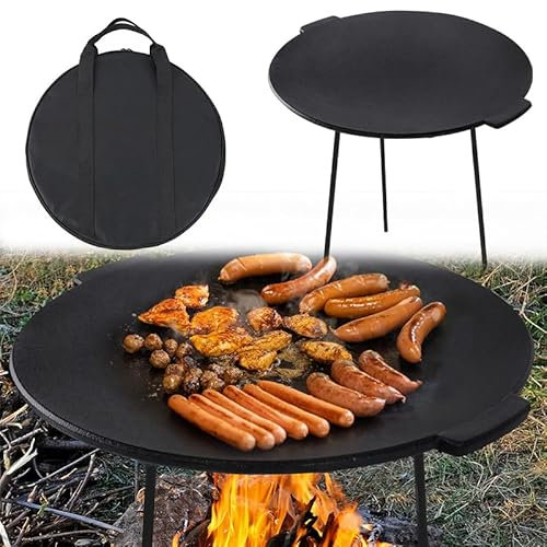 YUENFONG Sartén de hierro fundido con placa de parrilla de 3 patas Barbacoa de hierro fundido Ø 45 cm, Soporte para horno holandés Sartén de hierro fundido fácil limpieza, para jardín de camping