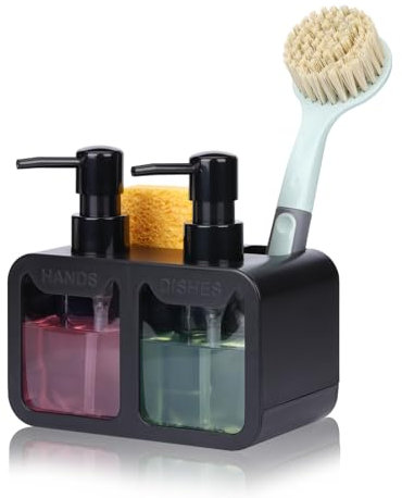 GINZER Dish Soap Dispenser for Kitchen Countertop with Sponge Caddy and Brush Holder - Refillable Non-Slip Dual Pump 4-in-1 Dispenser Soap Dispenser for Kitchen Sink, Essential Kitchen Gadgets – Black